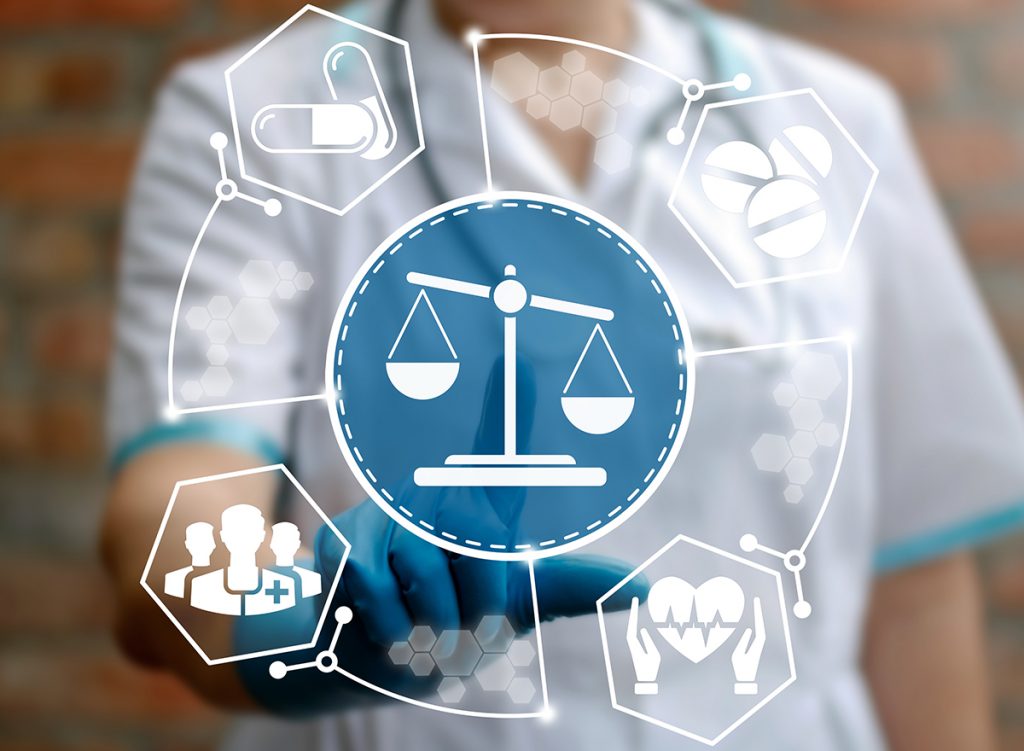 Medical law and justice concept. Doctor presses scales icon on v